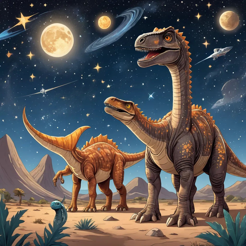 two dinosaurs in the desert with a full moon in the background and stars in the sky above them, and a planet in the background, space art, a storybook illustration, Adam Rex, official art