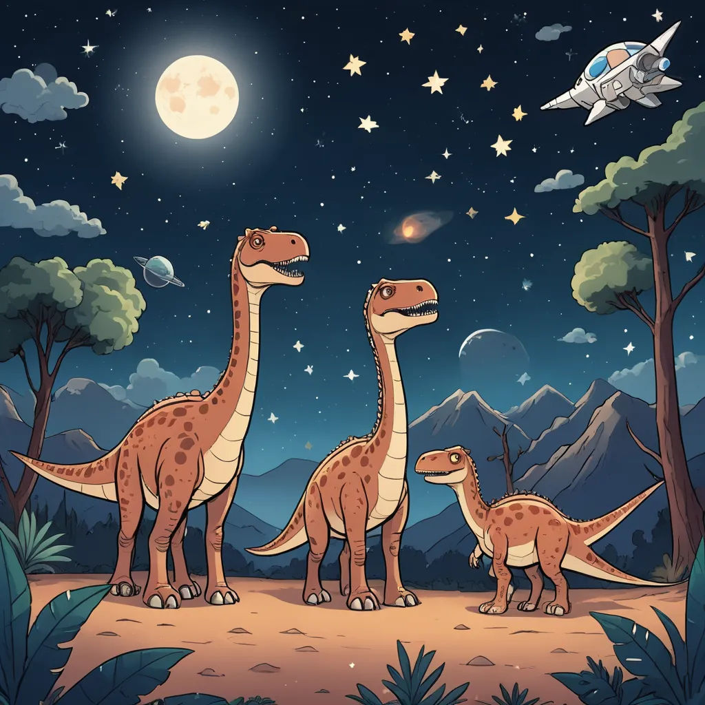 a couple of dinosaurs standing in the middle of a field at night with a spaceship in the background of the scene, space art, a storybook illustration, Adam Rex, night sky