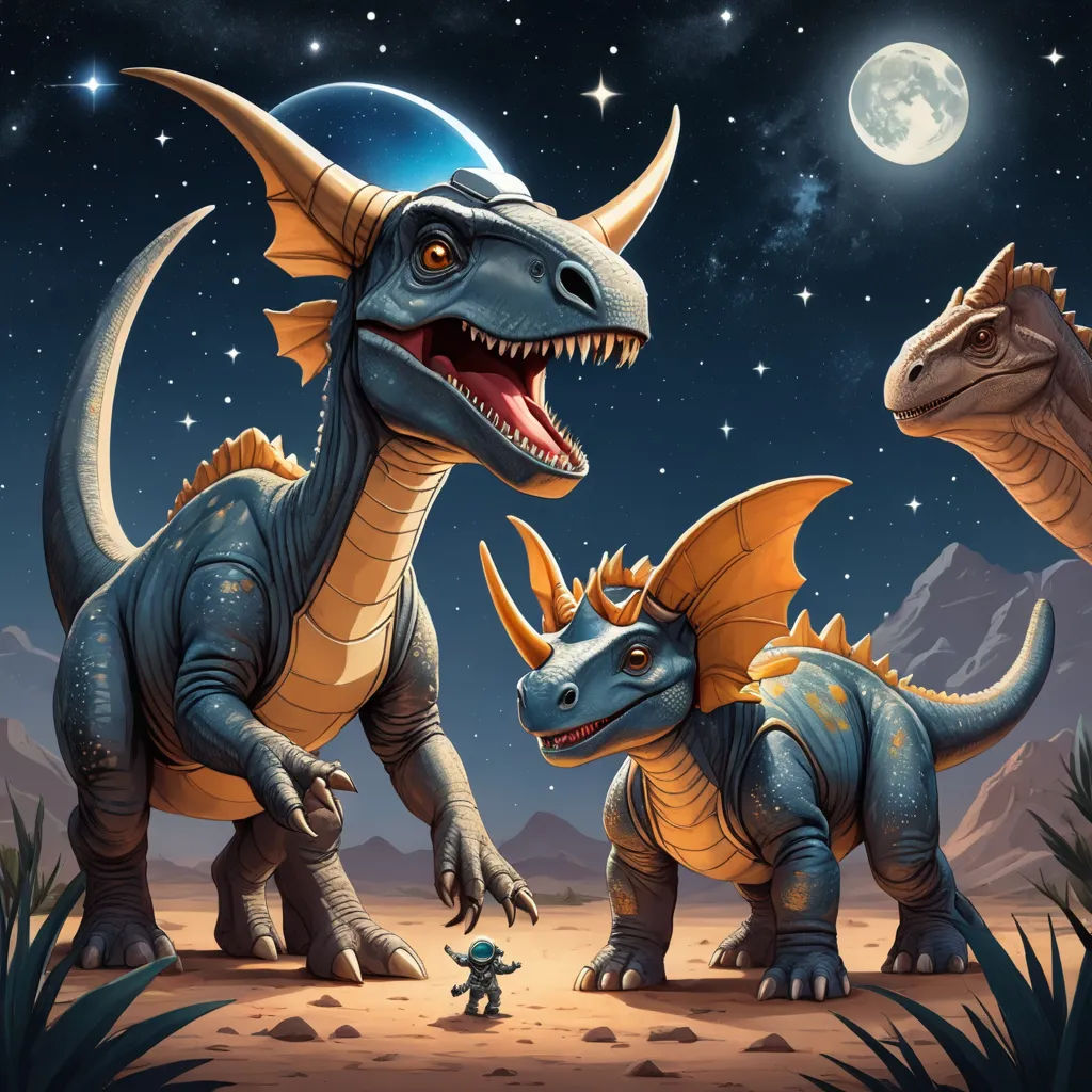 a couple of dinosaurs standing on top of a dirt field under a moon filled sky with stars and a small boy, space art, an album cover, Adam Rex, dragon art