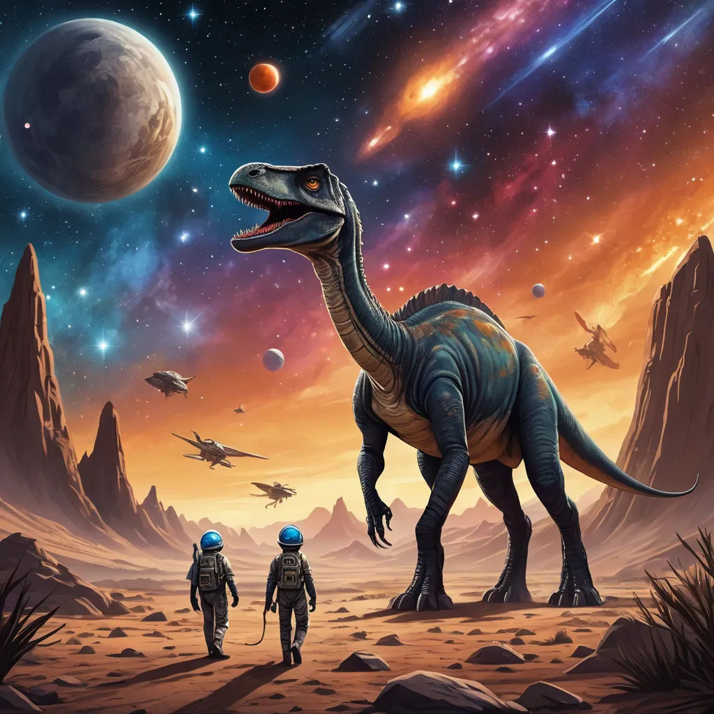 a couple of people walking in front of a dinosaur in the desert with a planet in the background and a distant sky, space art, a detailed matte painting, Dan Mumford, josan gonzales and dan mumford