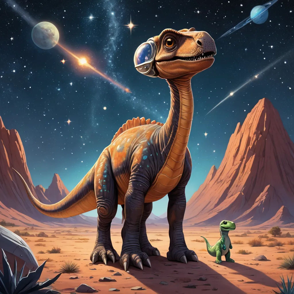 a dinosaur and a small dinosaur in a desert area with mountains and stars in the sky and a planet in the background, space art, a storybook illustration, Adam Rex, highly detailed digital painting