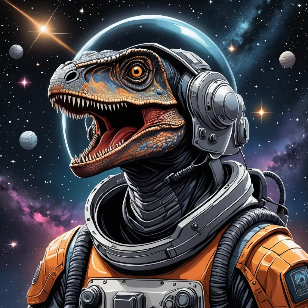 a dinosaur in a space suit with a helmet on and a space background with stars and planets in the sky, space art, poster art, Dan Mumford, josan gonzales and dan mumford