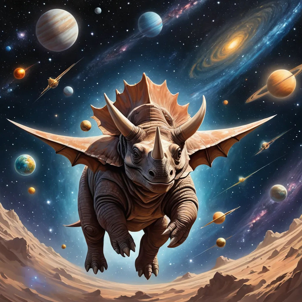a painting of a dinosaur flying through the sky with planets in the background and a star cluster in the sky, space art, an airbrush painting, Ed Binkley, magic the gathering artwork