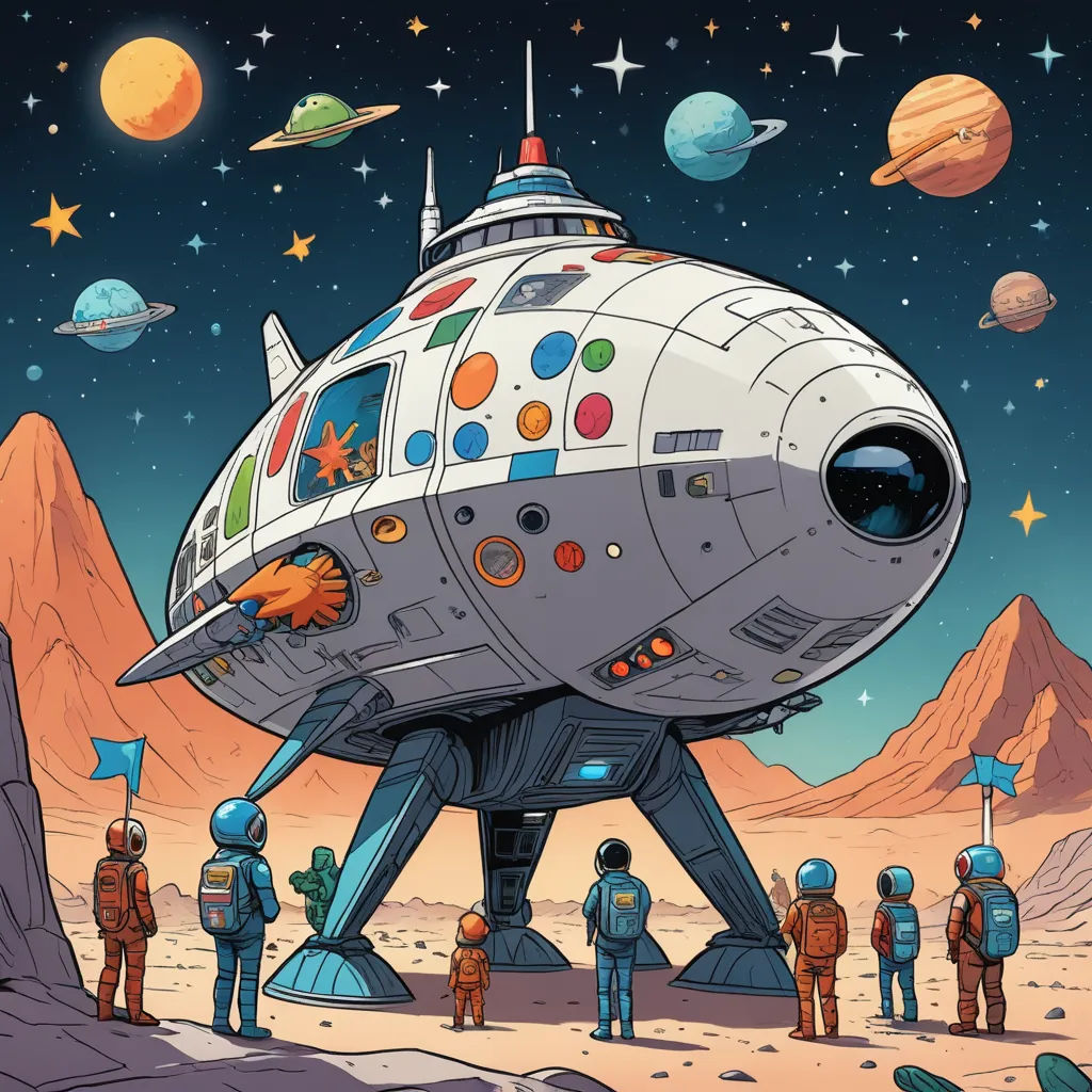 a group of people standing around a space ship in the desert with planets in the background and stars in the sky, space art, a storybook illustration, Asaf Hanuka, josan gonzales and dan mumford