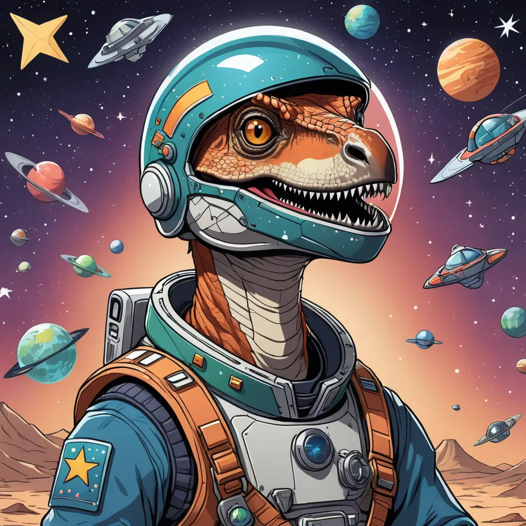 a dinosaur wearing a space suit and helmet with planets in the background and a star in the sky above, space art, poster art, Adam Rex, josan gonzales and dan mumford