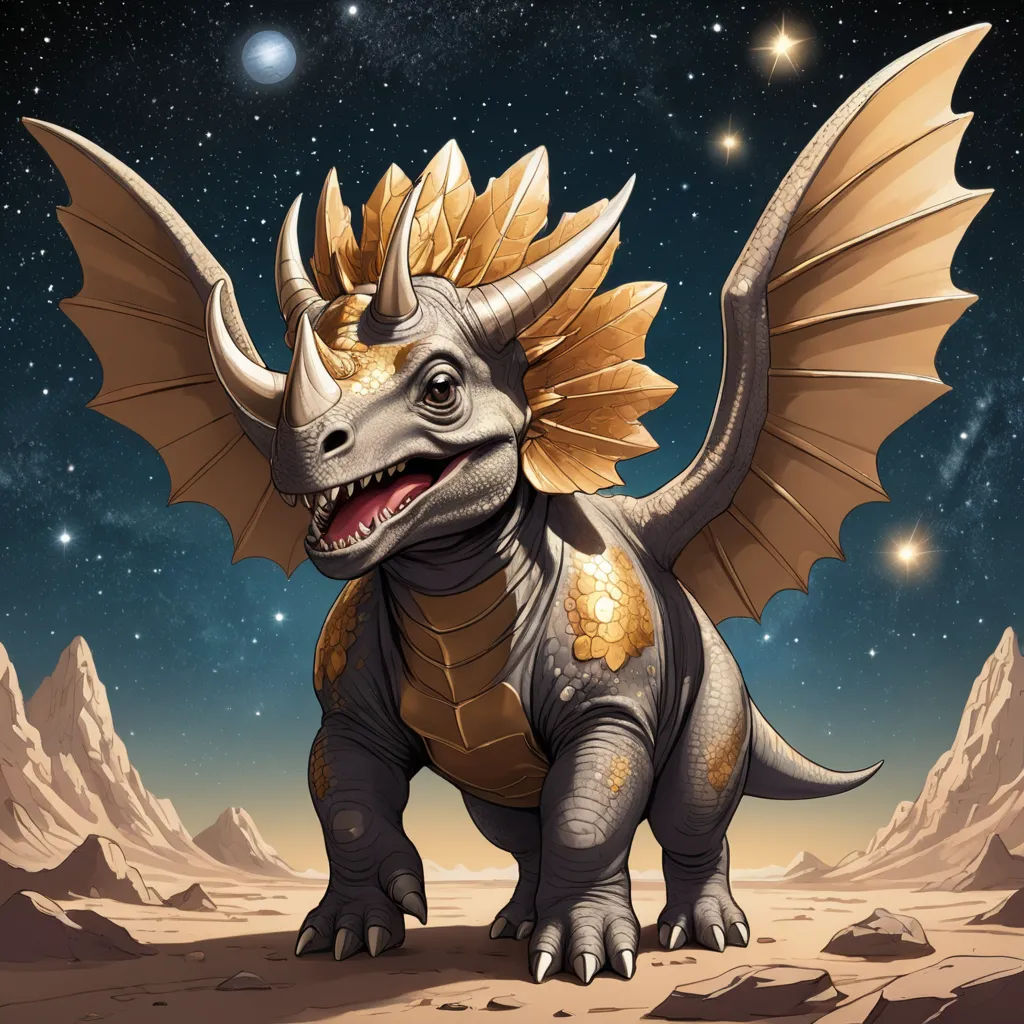 a cartoon of a dragon with a gold head and wings standing in a desert area with stars in the sky, fantasy art, a storybook illustration, Adam Rex, magic the gathering artwork