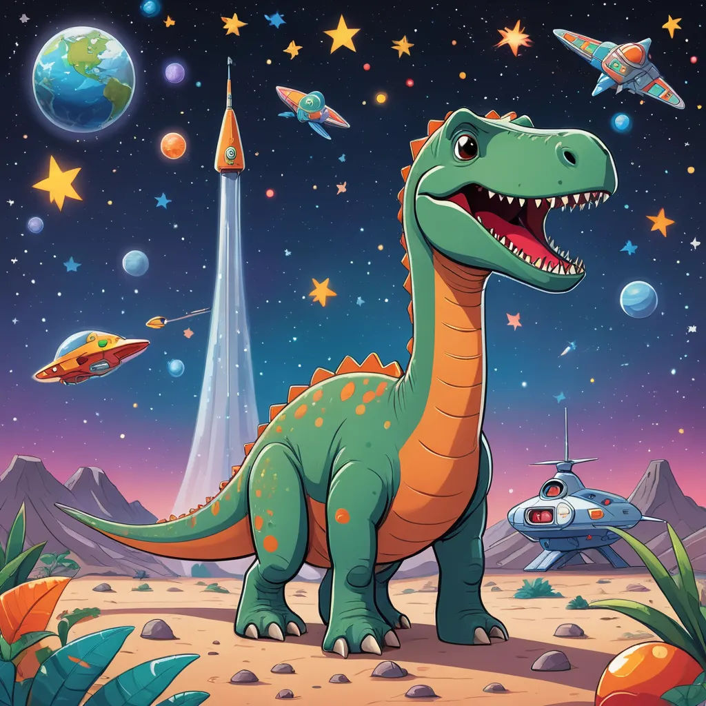 a dinosaur in the space with a spaceship and a spaceship in the background illustration by alex krapf, space art, a storybook illustration, Adam Rex, game art