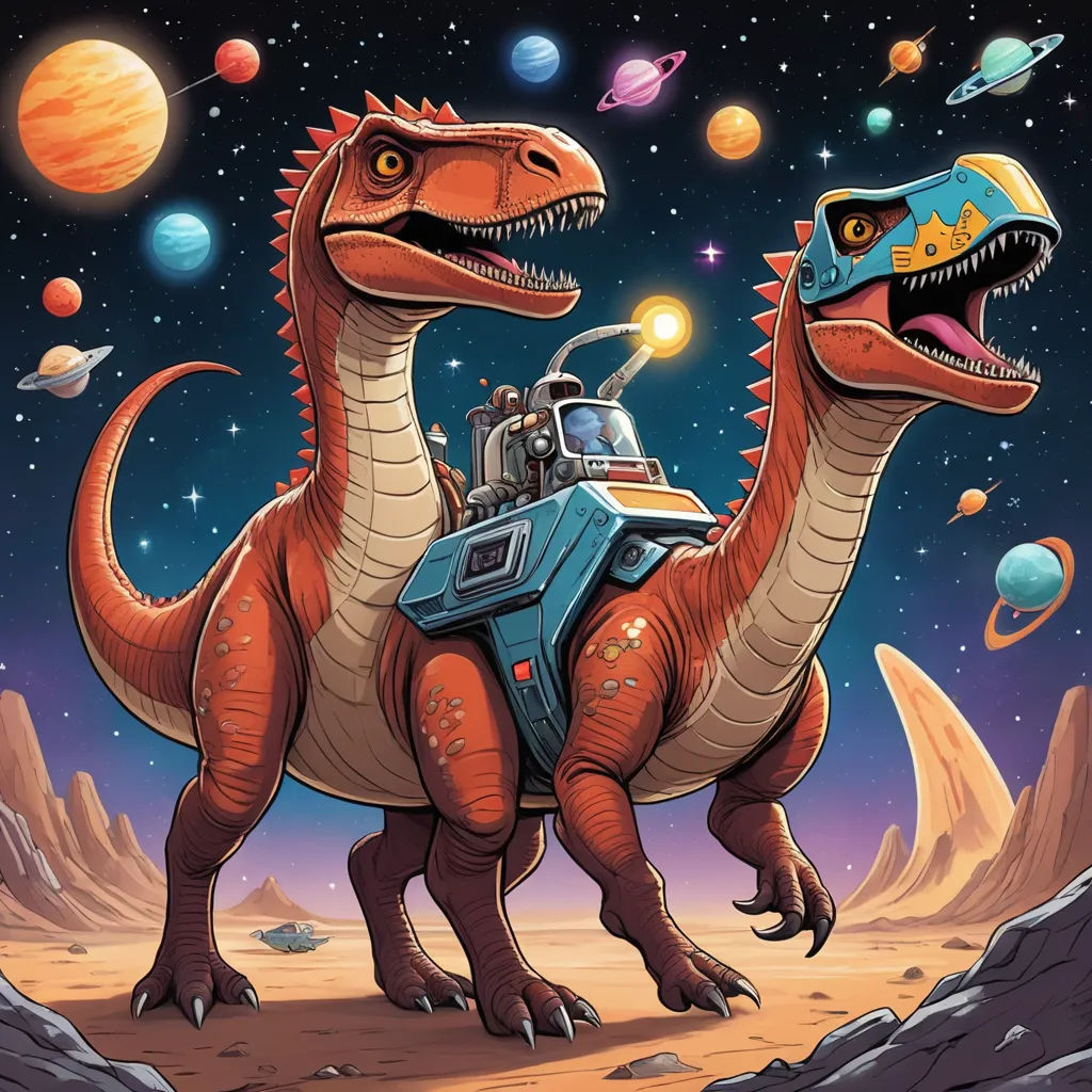 a dinosaur with a car in the back of it and planets in the background, with a car in the foreground, space art, an album cover, Adam Rex, josan gonzales and dan mumford