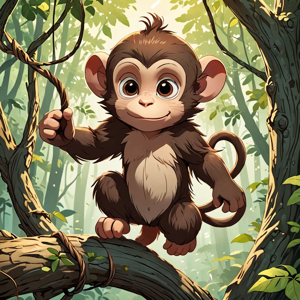 a monkey hanging on a tree branch in a forest with leaves and branches around it, with a green background, Diego Gisbert Llorens, altermodern, a character portrait, rossdraws global illumination