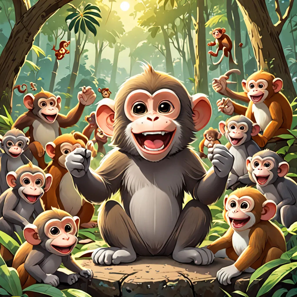 a group of monkeys in the jungle with a sun shining behind them and a man in the middle of the picture, Alex Petruk APe, incoherents, a storybook illustration, behance hd
