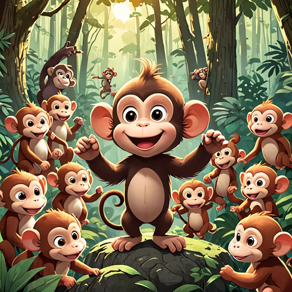 a group of monkeys standing in the middle of a forest with a sun in the background and a monkey on the top of a rock, Alex Petruk APe, primitivism, a storybook illustration, behance hd