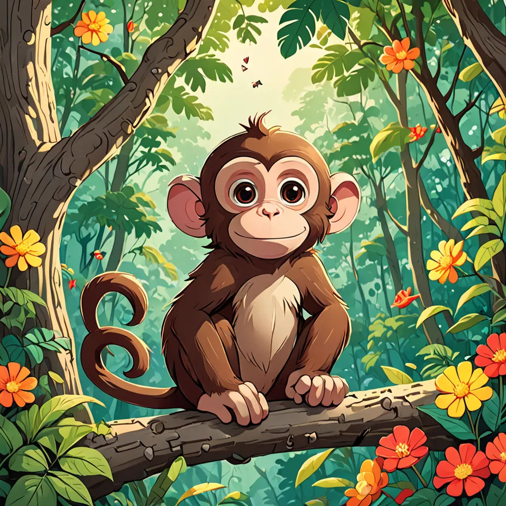 a monkey sitting on a tree branch in a jungle with flowers and butterflies around it, with a number eight on the branch, Diego Gisbert Llorens, sumatraism, a storybook illustration, rossdraws global illumination