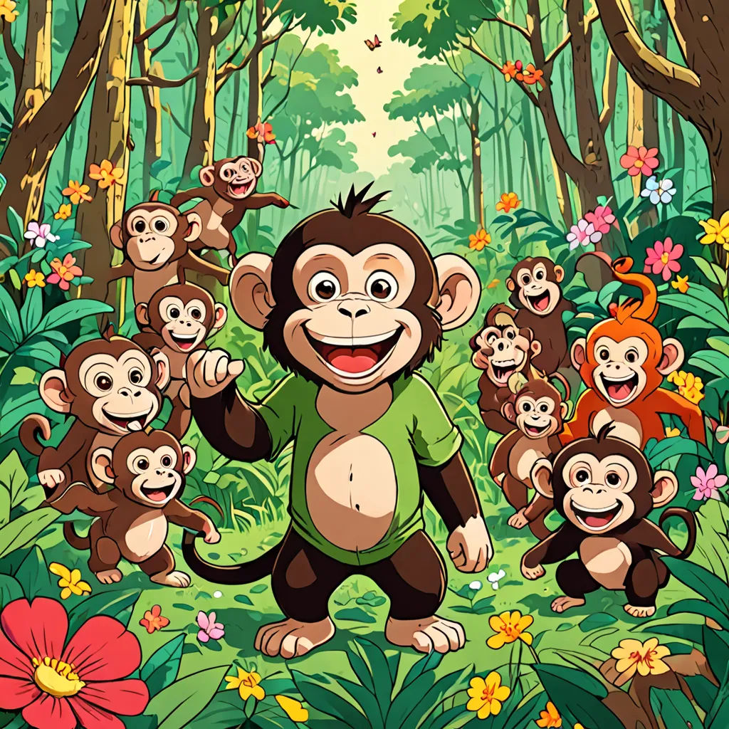 a group of monkeys standing in the middle of a forest with a man in the middle of the forest, Diego Gisbert Llorens, sumatraism, a storybook illustration, promotional image