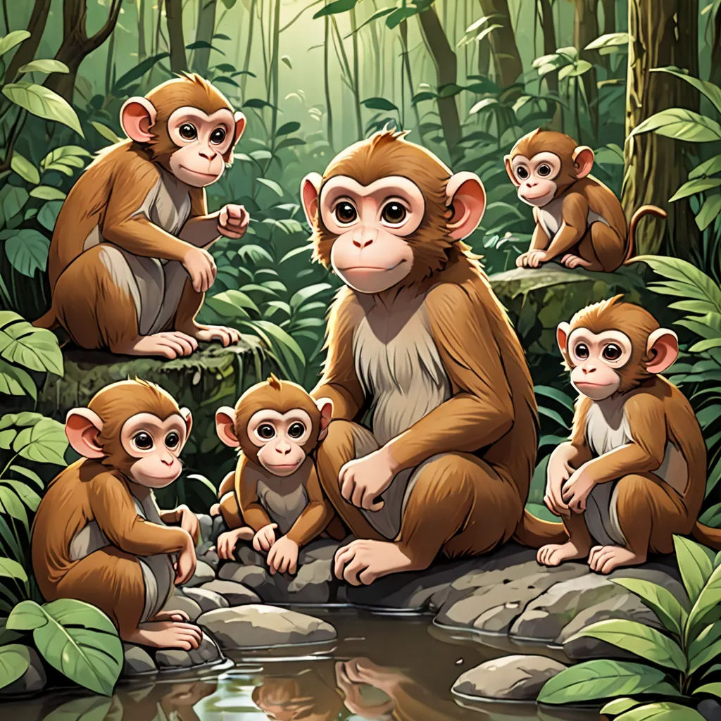 a group of monkeys sitting on a rock in the jungle by a stream of water and plants and a forest background, Diego Gisbert Llorens, sumatraism, a storybook illustration, official art