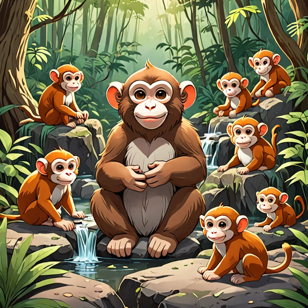 a group of monkeys sitting on a rock in the jungle with a waterfall in the background and a group of monkeys standing around, Alex Petruk APe, sumatraism, a storybook illustration, jungle
