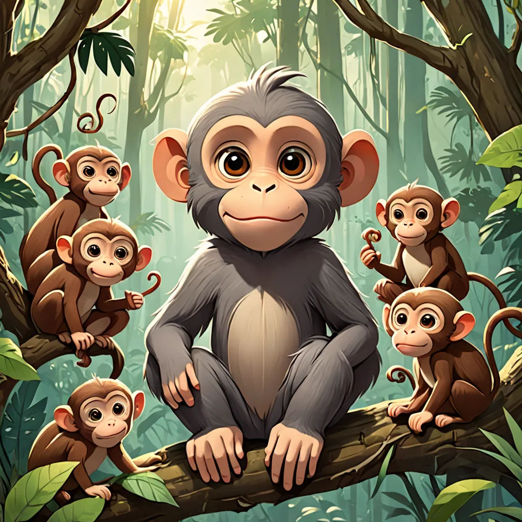 a group of monkeys sitting on a tree branch in a forest with sunlight shining through the trees and leaves, Diego Gisbert Llorens, incoherents, a storybook illustration, behance hd