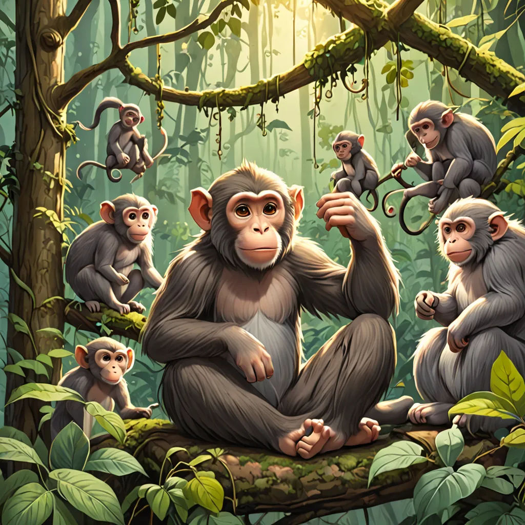 a group of monkeys sitting on a tree branch in a forest with sunlight shining through the trees and leaves, Chris LaBrooy, sumatraism, a storybook illustration, highly detailed digital painting