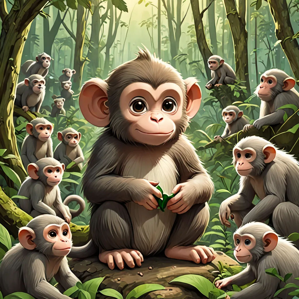 a group of monkeys sitting in the middle of a forest with a green leaf in their hand and a third monkey standing up, Chris LaBrooy, sumatraism, a storybook illustration, cgstudio