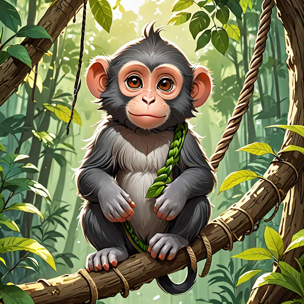 a monkey sitting on a tree branch in a jungle with a rope around its neck and eyes closed, with a green rope around its neck, Alex Petruk APe, fantasy art, a character portrait, hearthstone