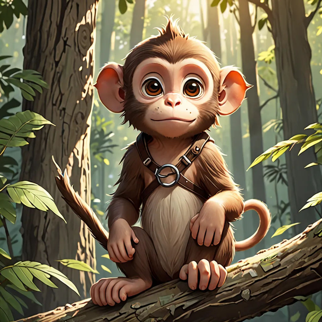a monkey sitting on a tree branch in a forest with a harness on it's back and eyes wide open, Chris LaBrooy, sots art, a character portrait, cgstudio