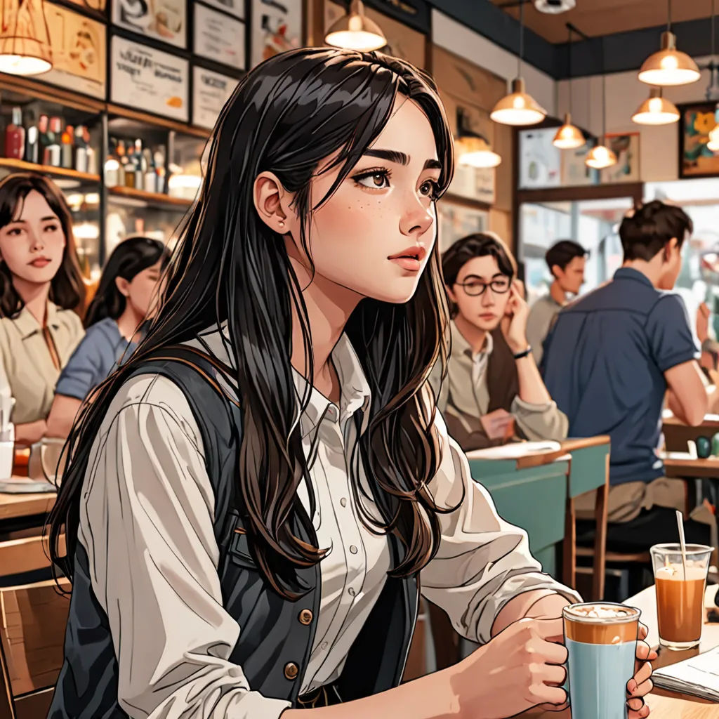 a woman sitting at a table with a cup of coffee in front of her and a man standing behind her, stanley artgerm lau, a comic book panel, american scene painting, Artgerm