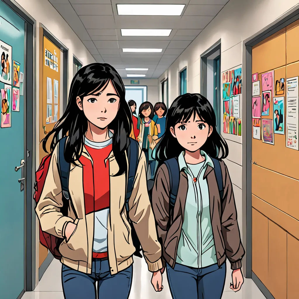 two girls walking down a hallway in a school with posters on the walls and doors behind them, one of them is wearing a backpack, comic cover art, a comic book panel, serial art, Choi Buk