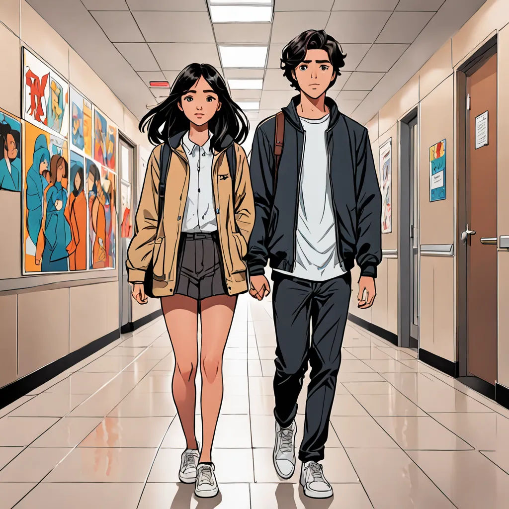 a man and a woman walking down a hallway together in a hallway with posters on the walls and a hallway leading to the hallway, official art, a comic book panel, private press, Artgerm