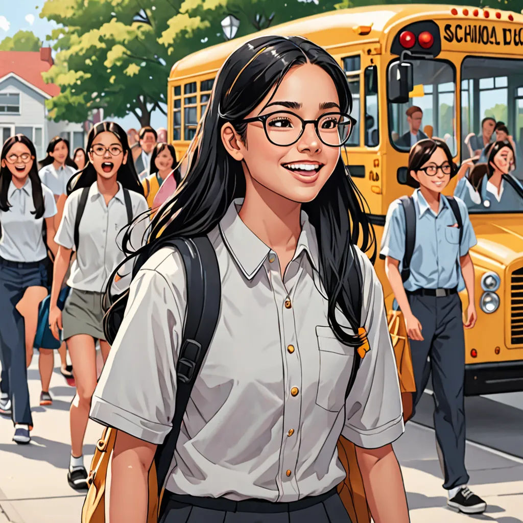 a girl in a school uniform is walking down the street with a group of school children behind her and a school bus in the background, comic cover art, a comic book panel, vancouver school, Choi Buk