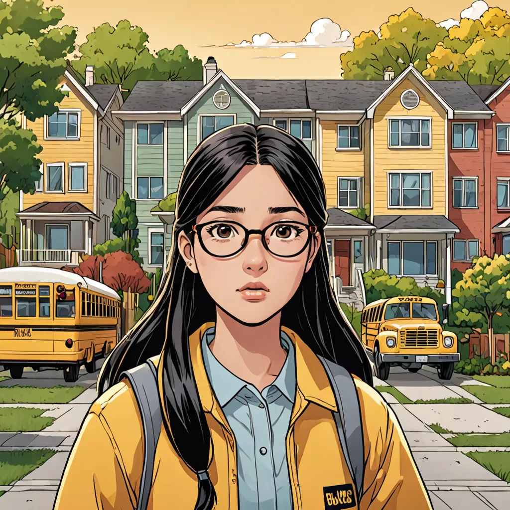 a girl with glasses and a backpack standing in front of a school bus and houses in the background with a yellow bus, comic cover art, a comic book panel, vancouver school, David Park