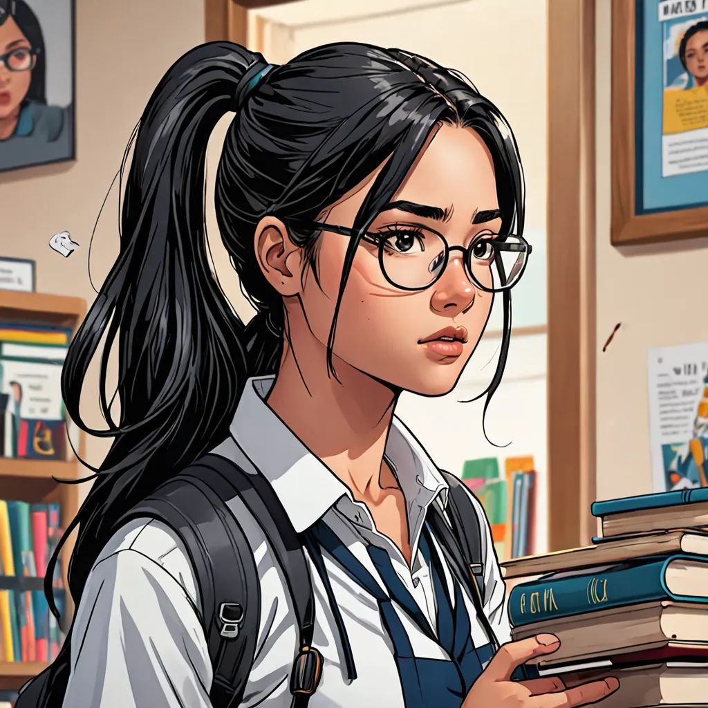 a girl with glasses holding a stack of books in a library with a book case in the background and a book case with books on the wall, comic book, a comic book panel, academic art, Artgerm