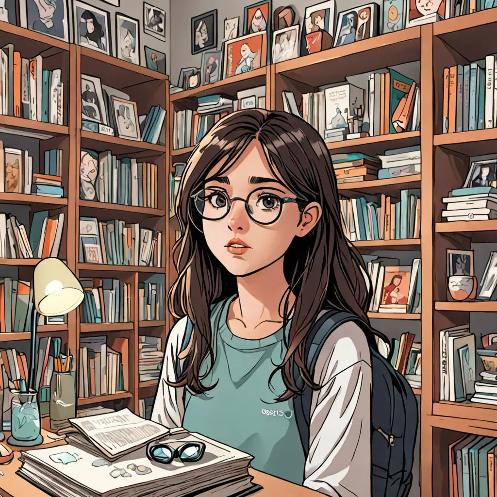 a girl with glasses sitting at a desk in front of a bookcase with books on it and a book, anime art, a comic book panel, academic art, Atey Ghailan