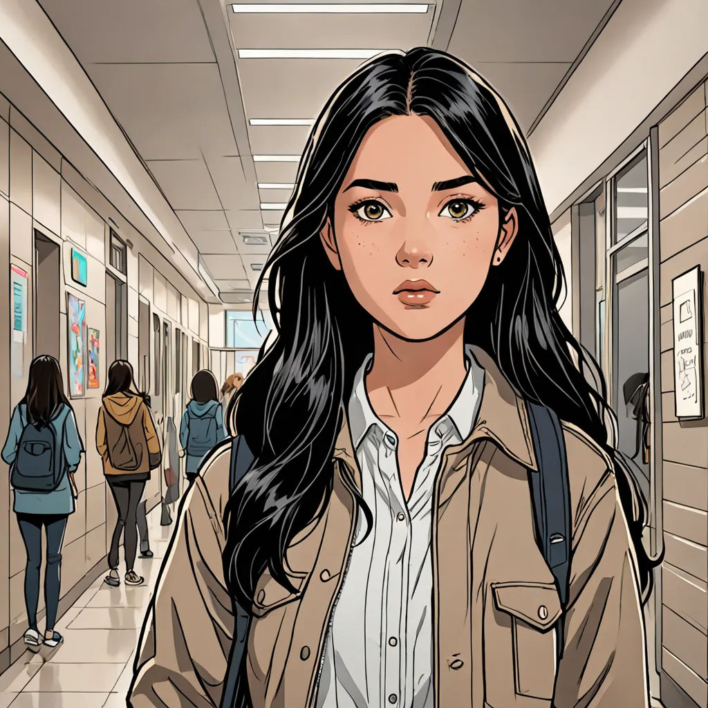 a woman with long black hair and a backpack is standing in a hallway with people walking by her and looking at the camera, comic cover art, a comic book panel, paris school, Choi Buk