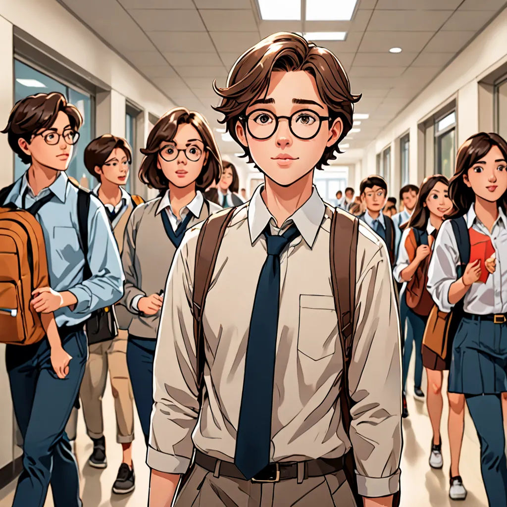 a man in a tie and glasses standing in a hallway with a group of people behind him, all wearing school uniforms, official art, a comic book panel, serial art, David Park
