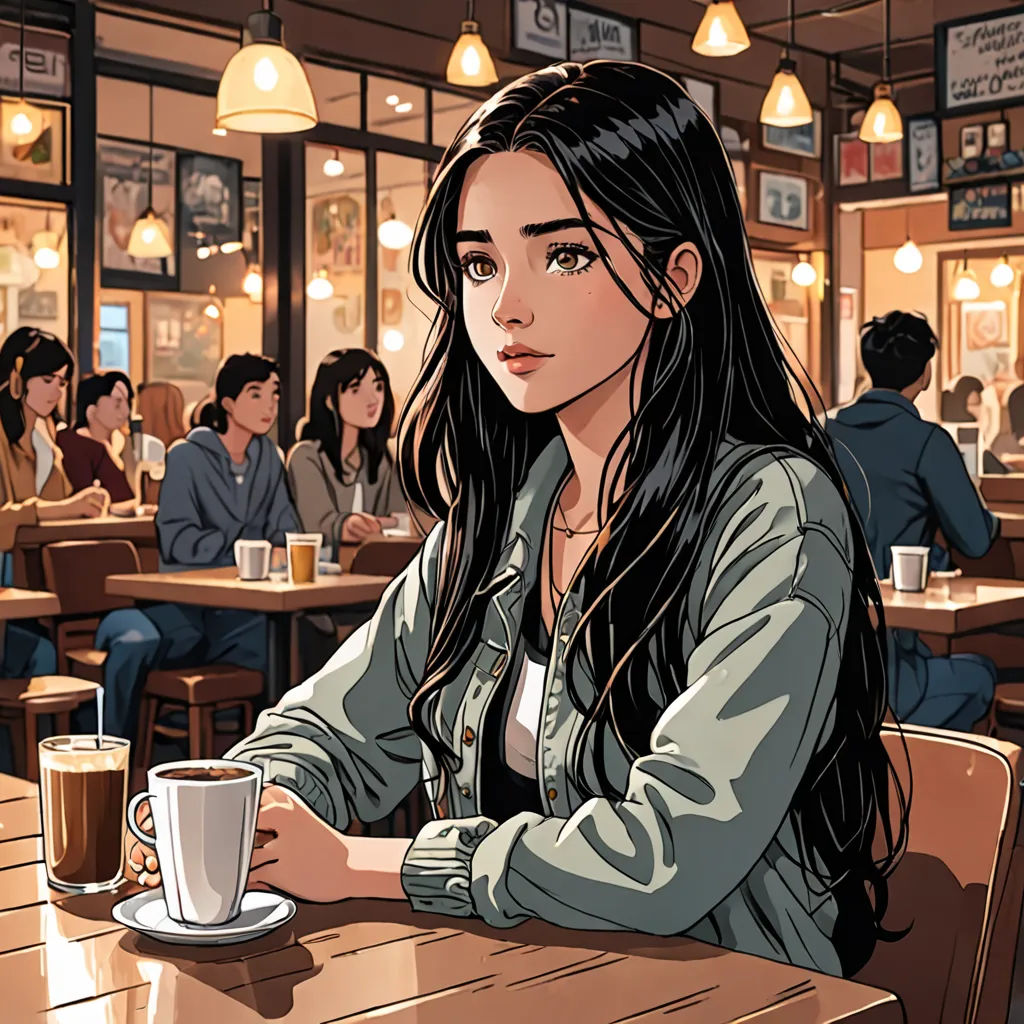 a woman sitting at a table with a cup of coffee in front of her and people sitting at tables in the background, comic cover art, a comic book panel, serial art, Artgerm