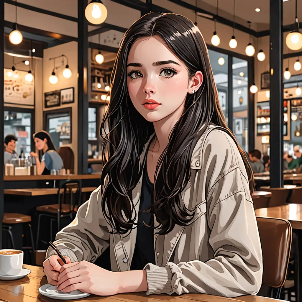 a woman sitting at a table with a cup of coffee in front of her and a painting of a woman in the background, anime art style, a detailed painting, american scene painting, Atey Ghailan