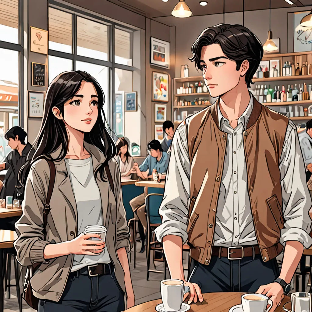 a man and a woman standing in a restaurant with cups of coffee in front of them and a man holding a cup, graphic novel, a comic book panel, serial art, David Park