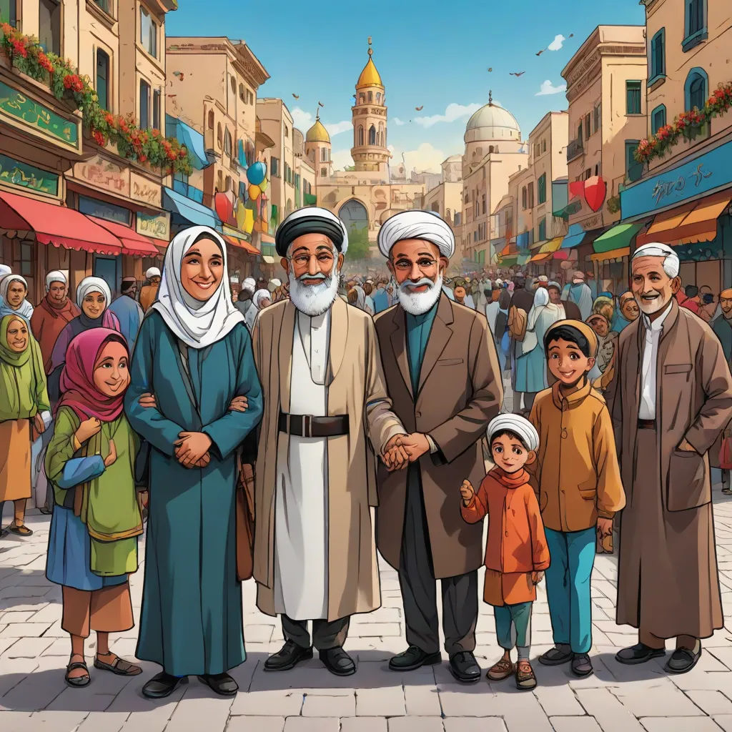a group of people standing in a street with a crowd of people behind them in a city square with a crowd of people in the background, unilalianism, a storybook illustration, Brothers Hildebrandt, official art