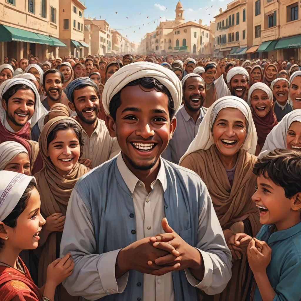 a man surrounded by a crowd of people in a city square smiling at the camera with a large crowd of people in the background, hurufiyya, a storybook illustration, Drew Struzan, official art