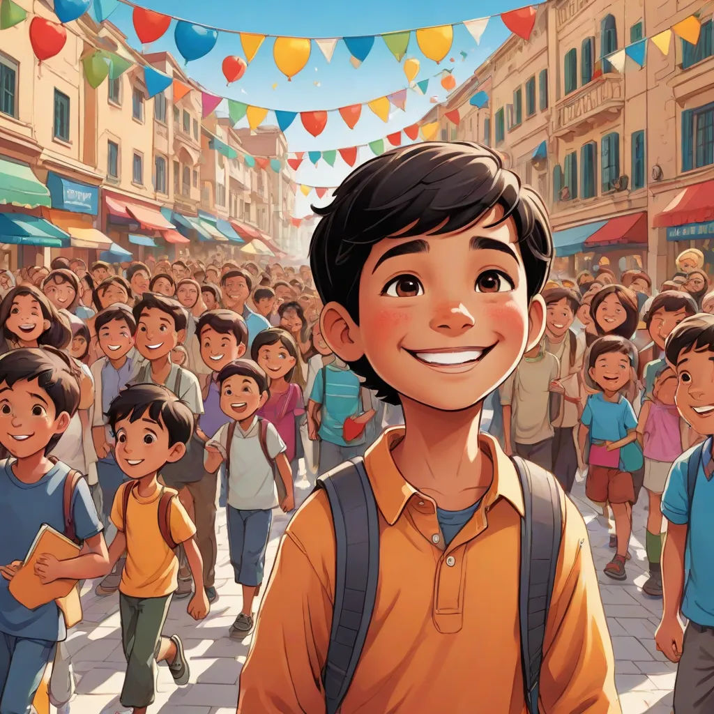 a cartoon of a boy smiling in front of a crowd of people in a city street with a banner, samikshavad, a storybook illustration, Basuki Abdullah, official art