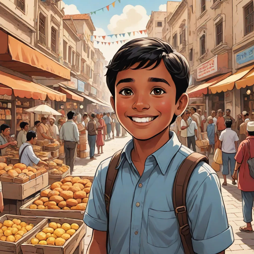 a boy is standing in front of a market with boxes of oranges in front of him and people walking around, samikshavad, a storybook illustration, Asaf Hanuka, graphic novel