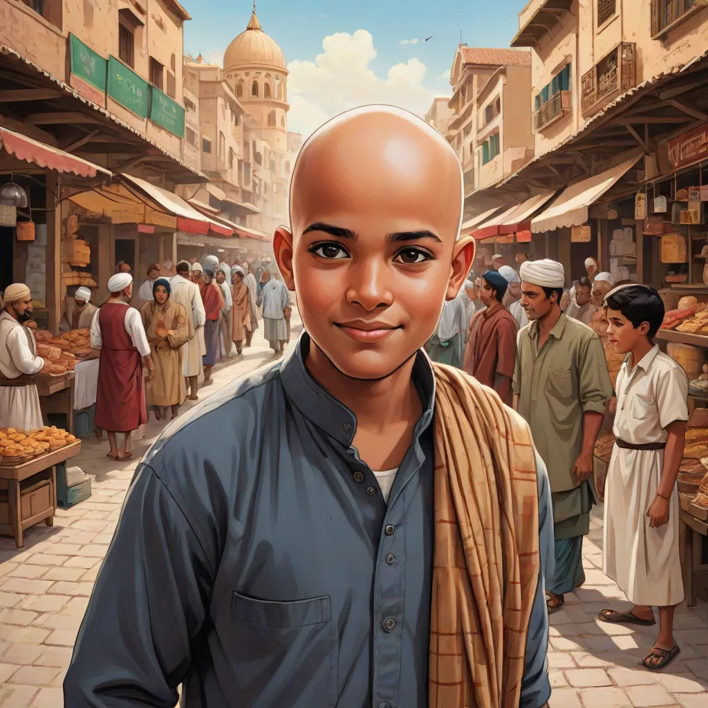 a man with a bald head standing in a market place with people walking around him and a man with a scarf around his neck, samikshavad, a character portrait, Altoon Sultan, comic cover art