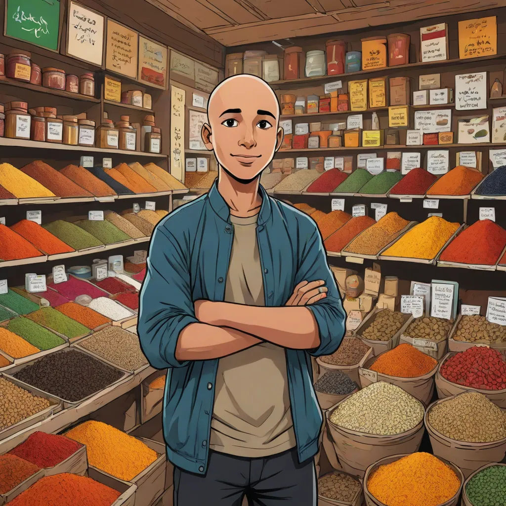 a man standing in front of a store filled with lots of spices and spices in baskets and containers of spices, samikshavad, a character portrait, Ahmed Yacoubi, promotional image