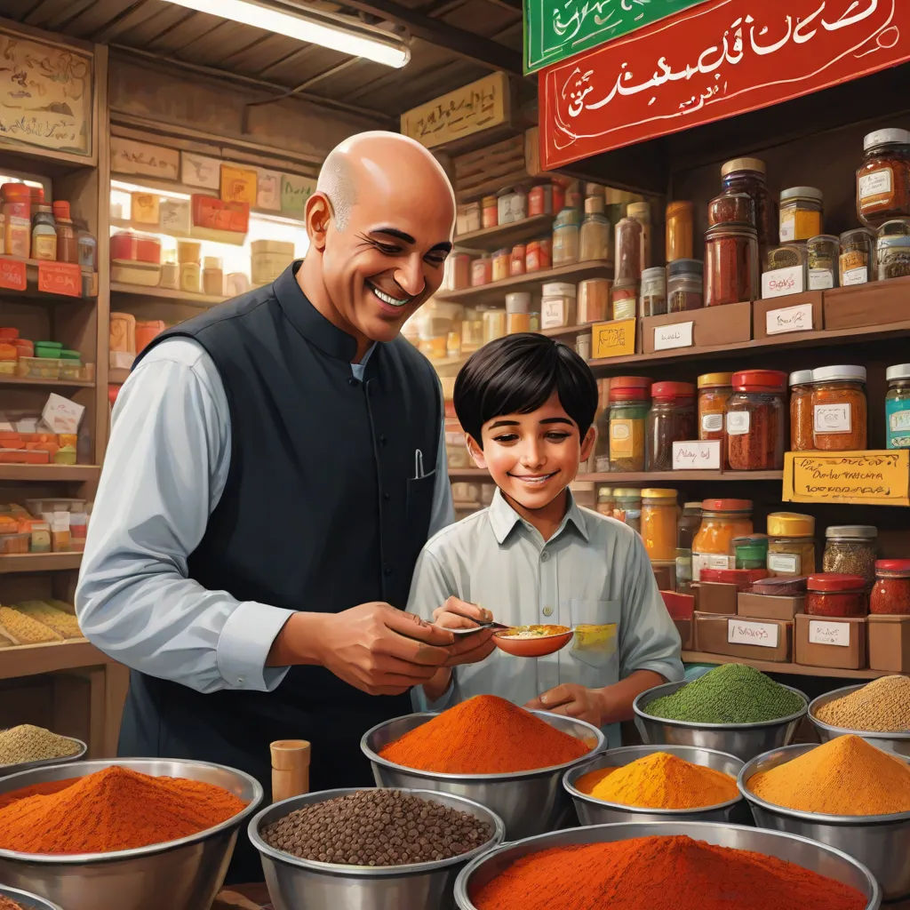 a man and a boy are in a store with spices and spices in bowls and bowls on the counter, american scene painting, a storybook illustration, Chris LaBrooy, storybook illustration