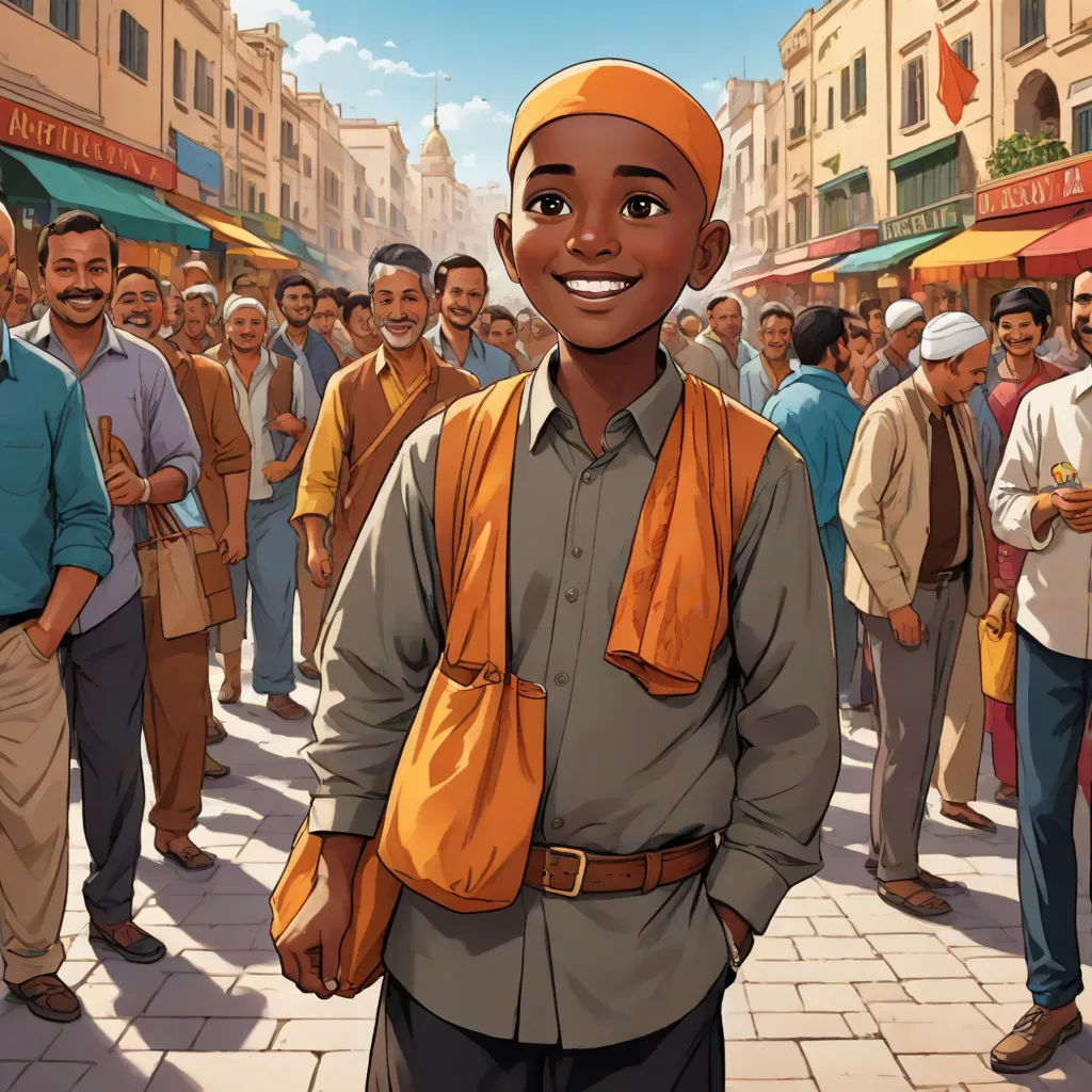 a man in a yellow scarf standing in front of a crowd of people on a street with a building in the background, les automatistes, a storybook illustration, Asaf Hanuka, comic cover art