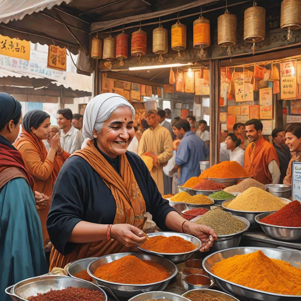 a woman standing in front of a store filled with lots of food items and people standing around it and smiling, photorealism, a photorealistic painting, Bikash Bhattacharjee, highly detailed digital painting