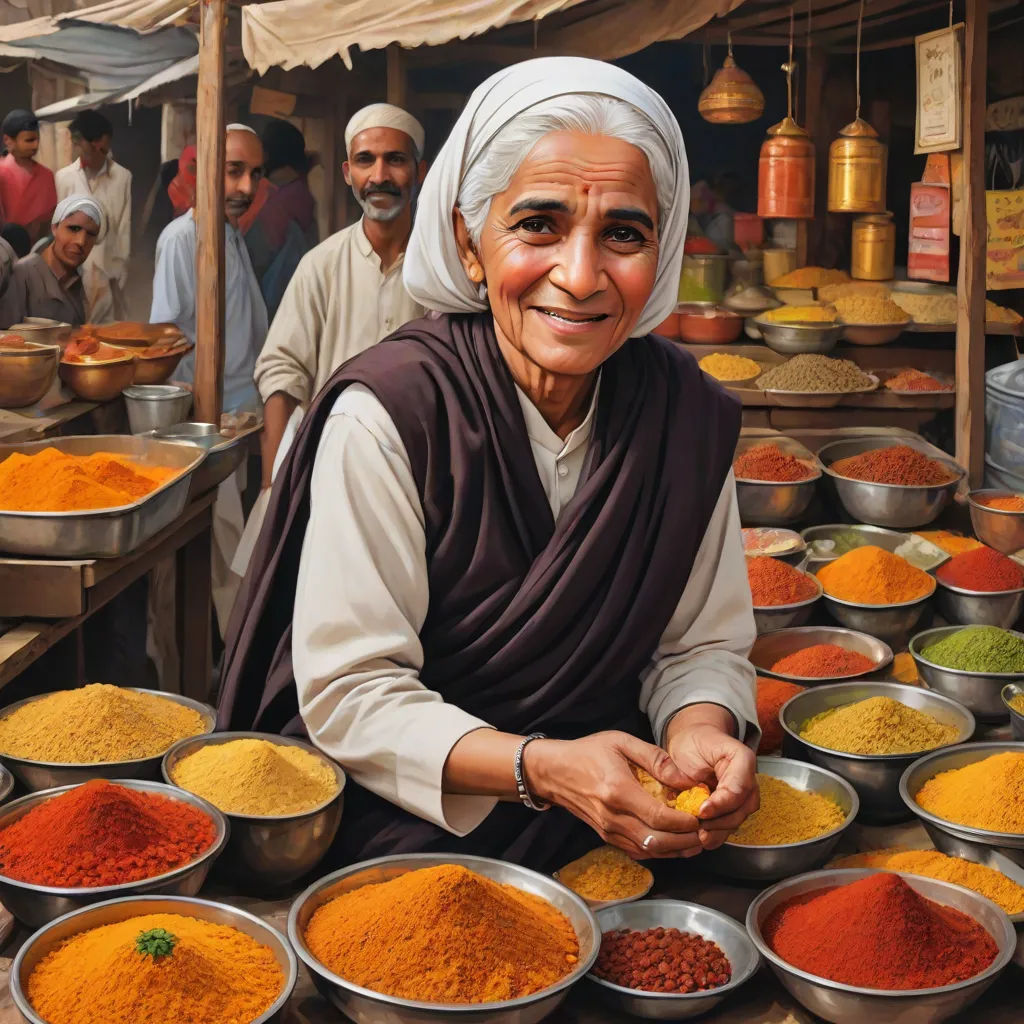 a woman sitting in front of a large amount of bowls of food and spices in a market area with men standing around, photorealism, a photorealistic painting, Brad Kunkle, highly detailed digital painting