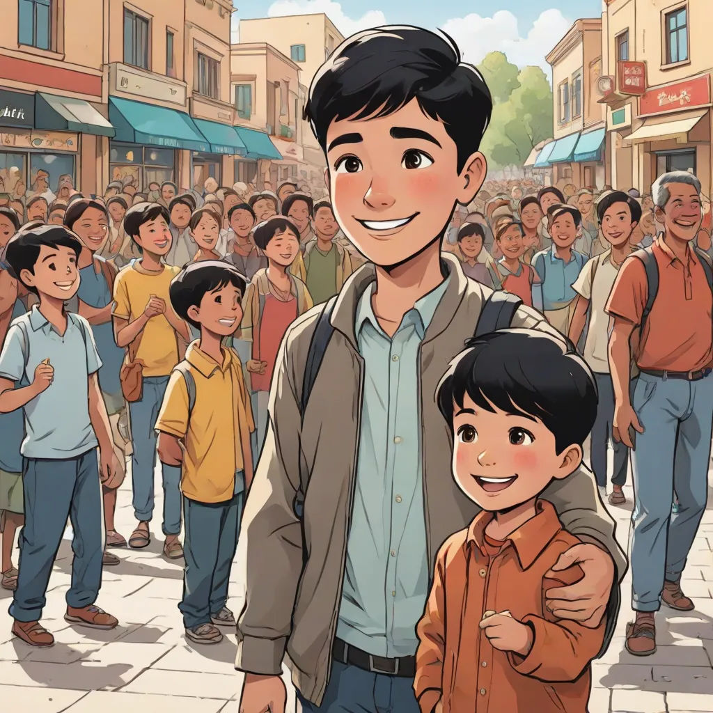 a man and a boy standing in front of a crowd of people on a street with buildings in the background, private press, a storybook illustration, Basuki Abdullah, graphic novel