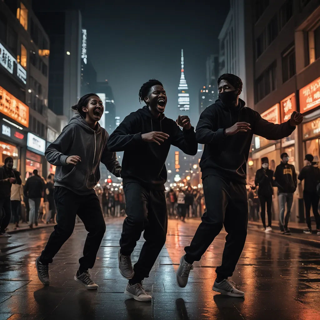 three men are dancing in the street at night time with a city in the background and people walking on the sidewalk, harlem renaissance, poster art, Altichiero, cinematic photography