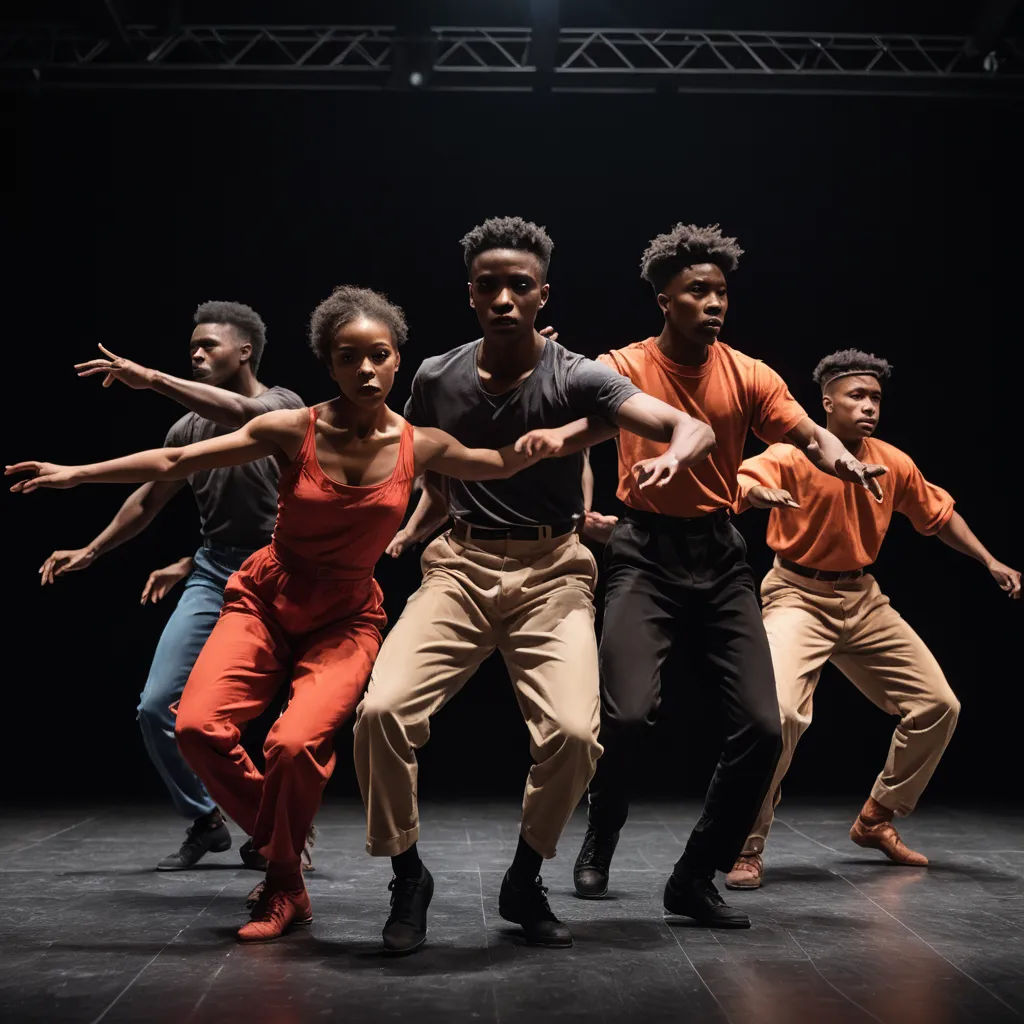 a group of people on a stage doing a dance move with their arms out in the air and their legs out, black arts movement, a renaissance painting, Chinwe Chukwuogo-Roy, arthouse