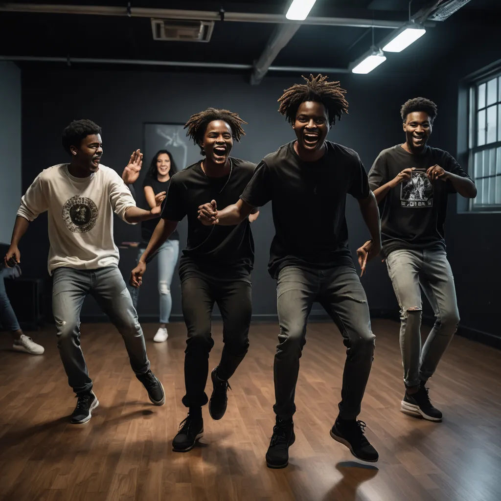 a group of young men dancing in a dark room with a group of people watching them from the side, black arts movement, a stock photo, Apelles, studio lighting